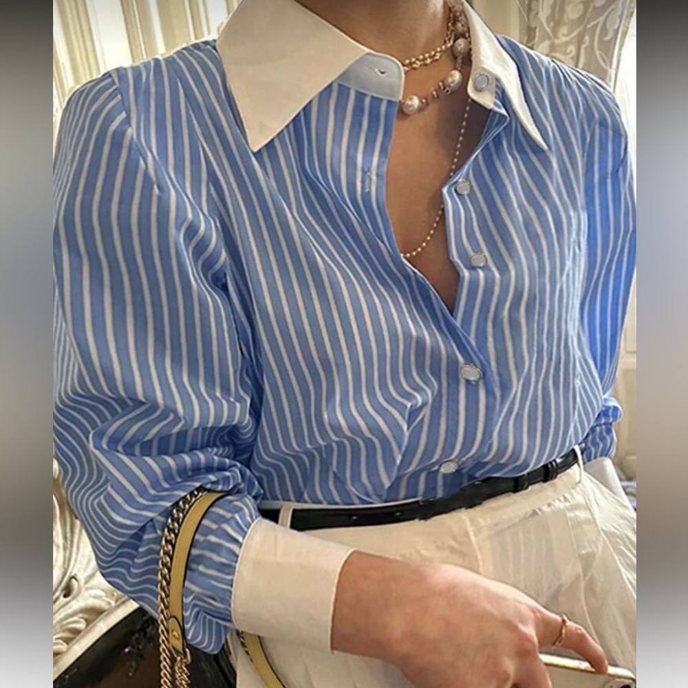 SHEIN Blue and White Striped Button Down Shirt